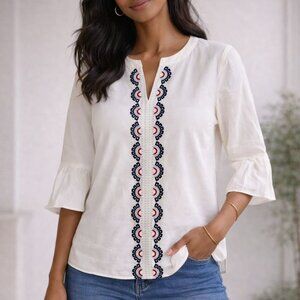 LOFT White Blouse with Navy Embroidery